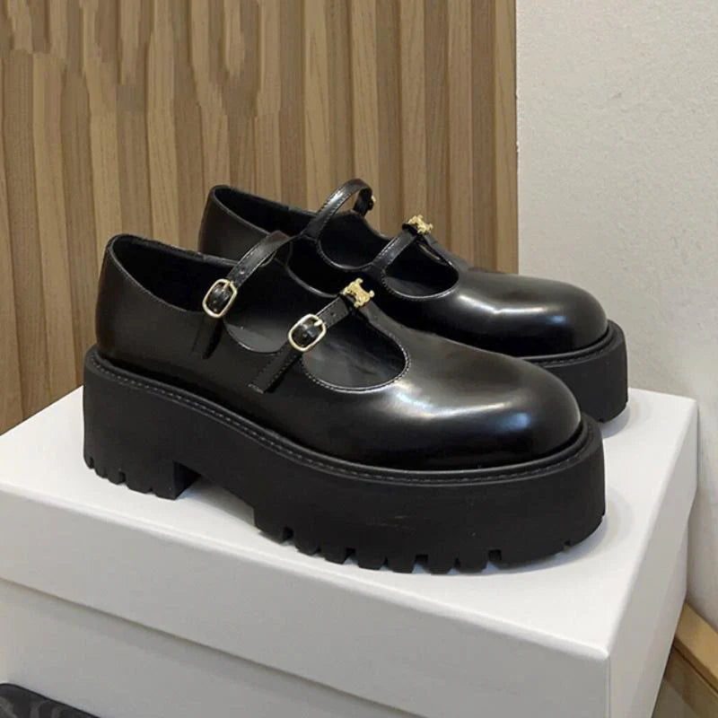 High-Heeled Platform Loafers All-Match Genuine Leather Mary Jane Shoes 1024041509