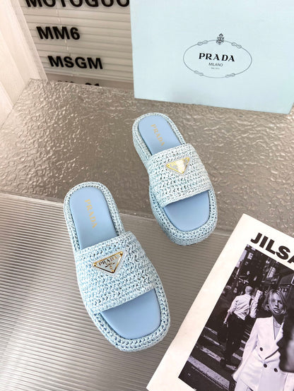 Spring and summer new style woven thick-soled triangle buckle strap slippers 0724032001
