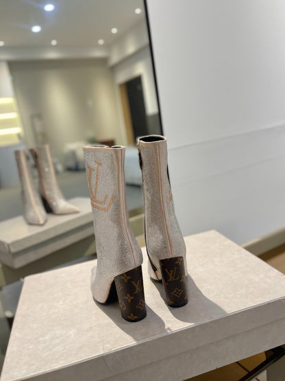 LV fashion rhinestone high-heeled mid-calf boots 0724102305