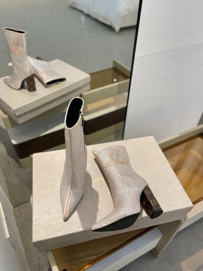 LV fashion rhinestone high-heeled mid-calf boots 0724102305