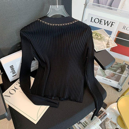 V-neck Metal Chain Slim Long-sleeved Cardigan 0823112813