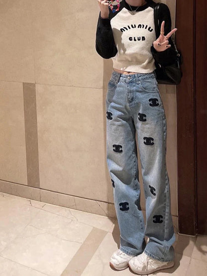 New Style Embroidered High Waist Straight Casual Jeans 1024012508