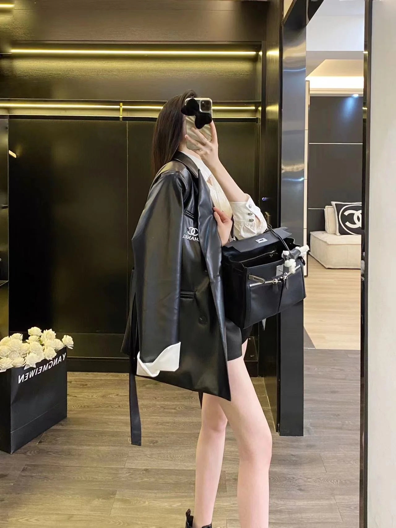 CHA Vintage Maillard Lapel Contrast Sleeve Leather Blazer 0724022201