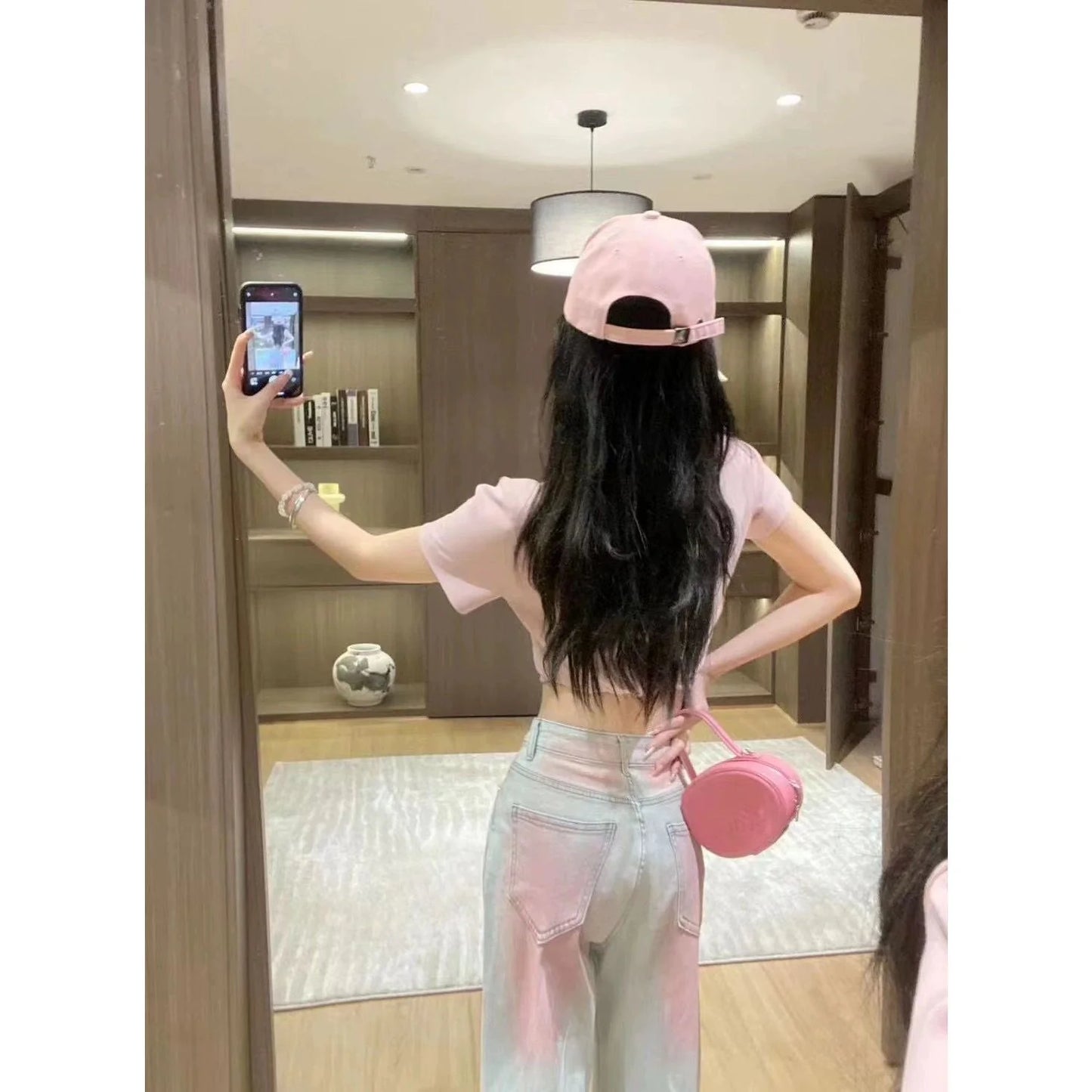 New High Waist Retro Trousers Gradient Pink Straight Jeans 1024031403