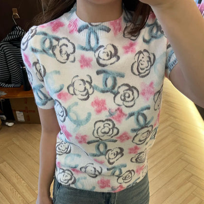 Hand-painted Camellia Double C Print Knit Short Sleeve 1024122306