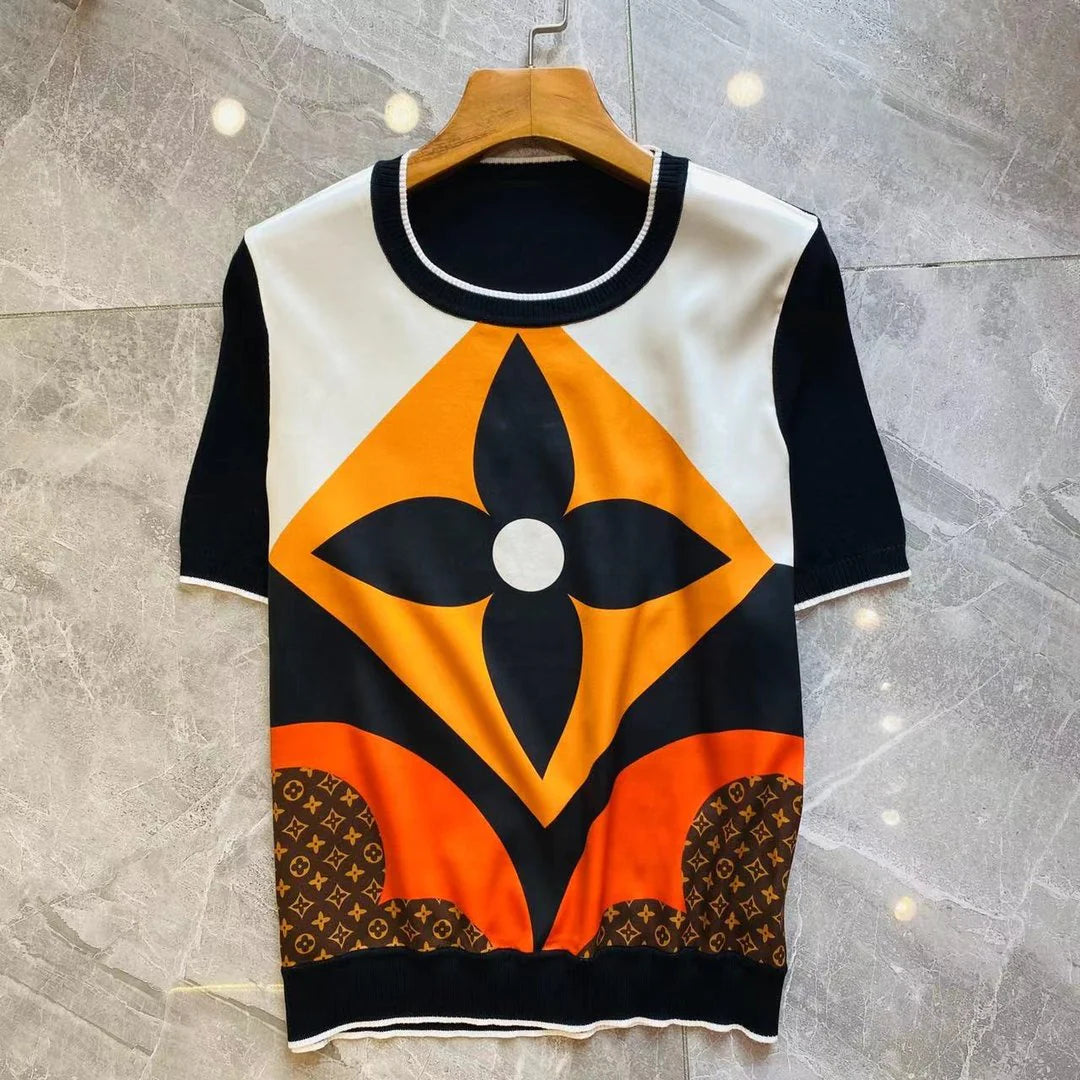 New Satin Fashion Printed T-shirt Short Sleeve 1024052116