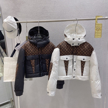 Hooded Stitching Presbyopia Short Down Jacket Casual Warm Plus Velvet Versatile Down Jacket Female Autumn and Winter New