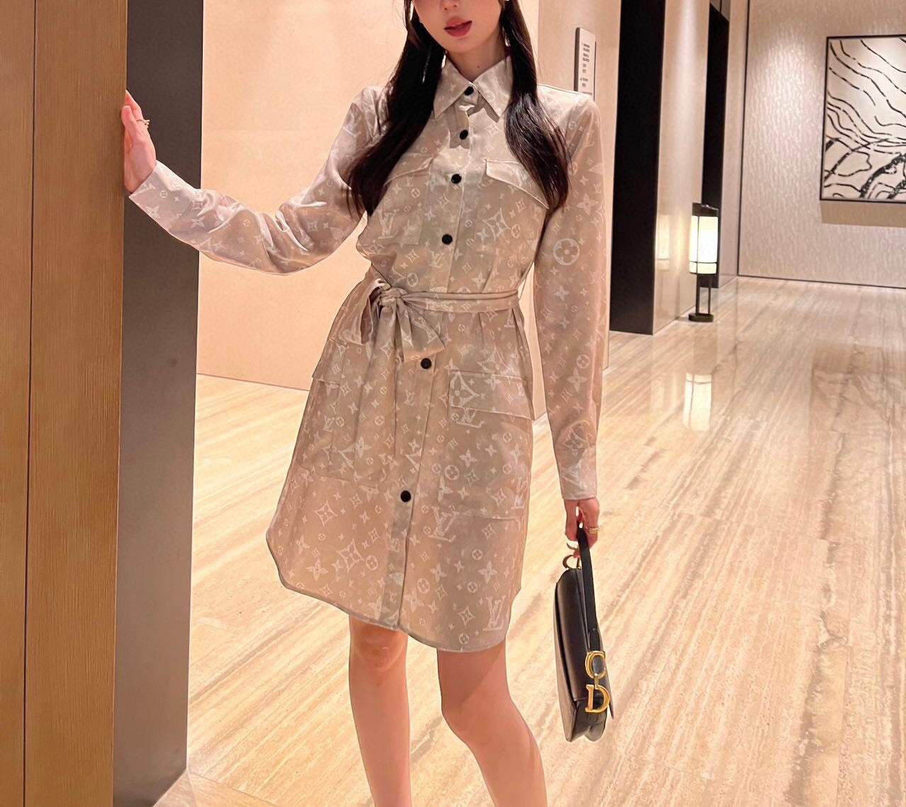 Classic printed fashionable lapel shirt dress 071