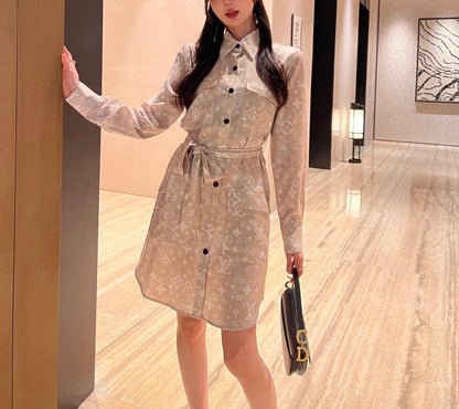 Classic printed fashionable lapel shirt dress 071