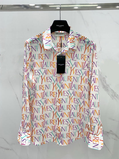 YSL Pop Color Logo Print Silk Shirt White  0725022703