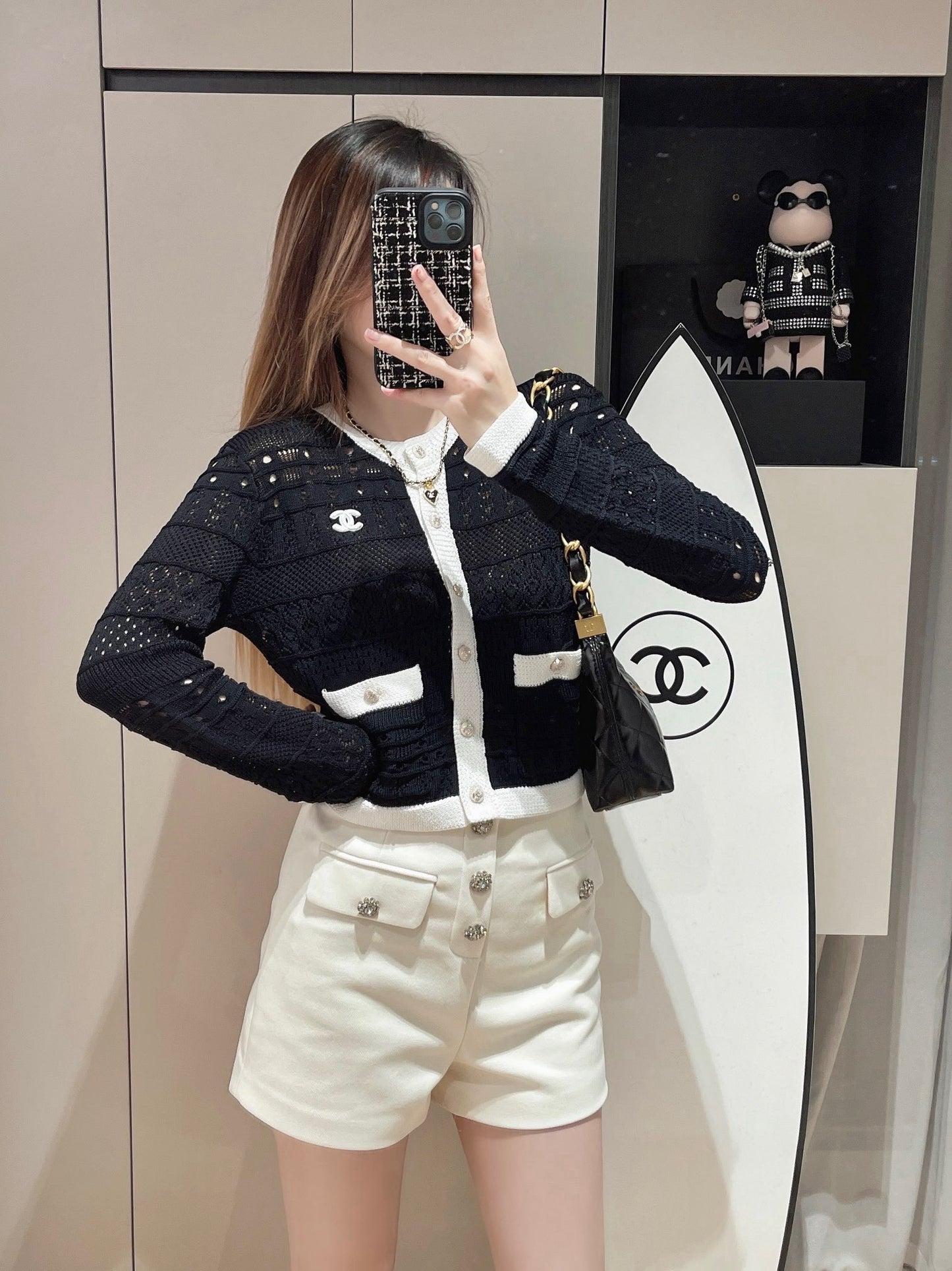 CNL contrast color crew neck knitted long sleeve cardigan 0724080605