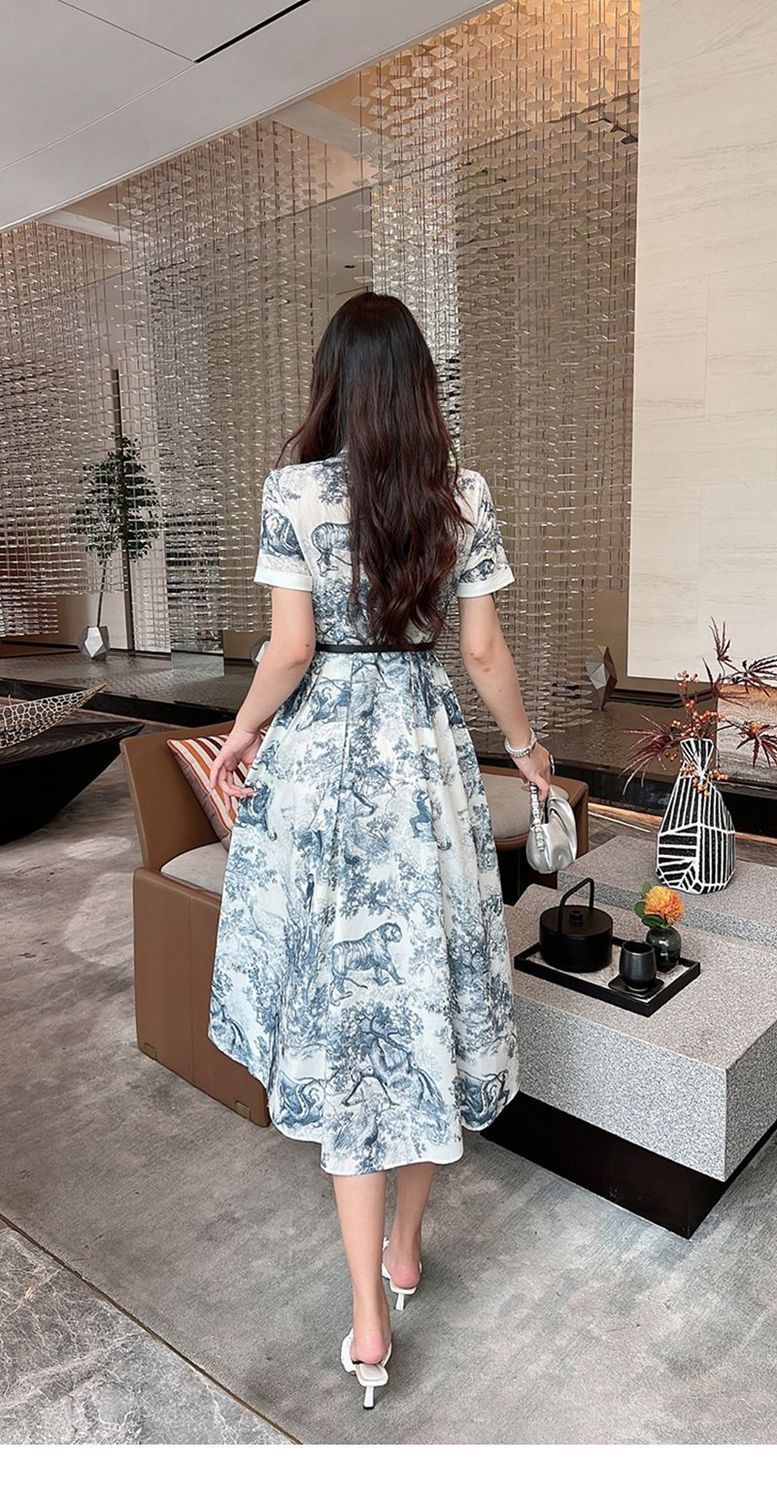 New Standing Collar Printed Large Swing Long Dress 1024030413