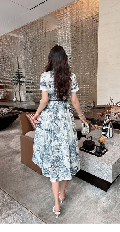 New Standing Collar Printed Large Swing Long Dress 1024030413