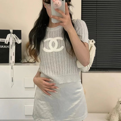 New Embroidered Crewneck Sweater Women's Short-sleeved 1024032511