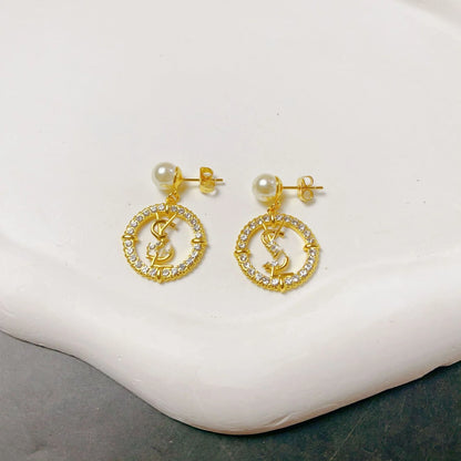 New Fashion Full Diamond Pearl Circle Letter Earrings 1024010402