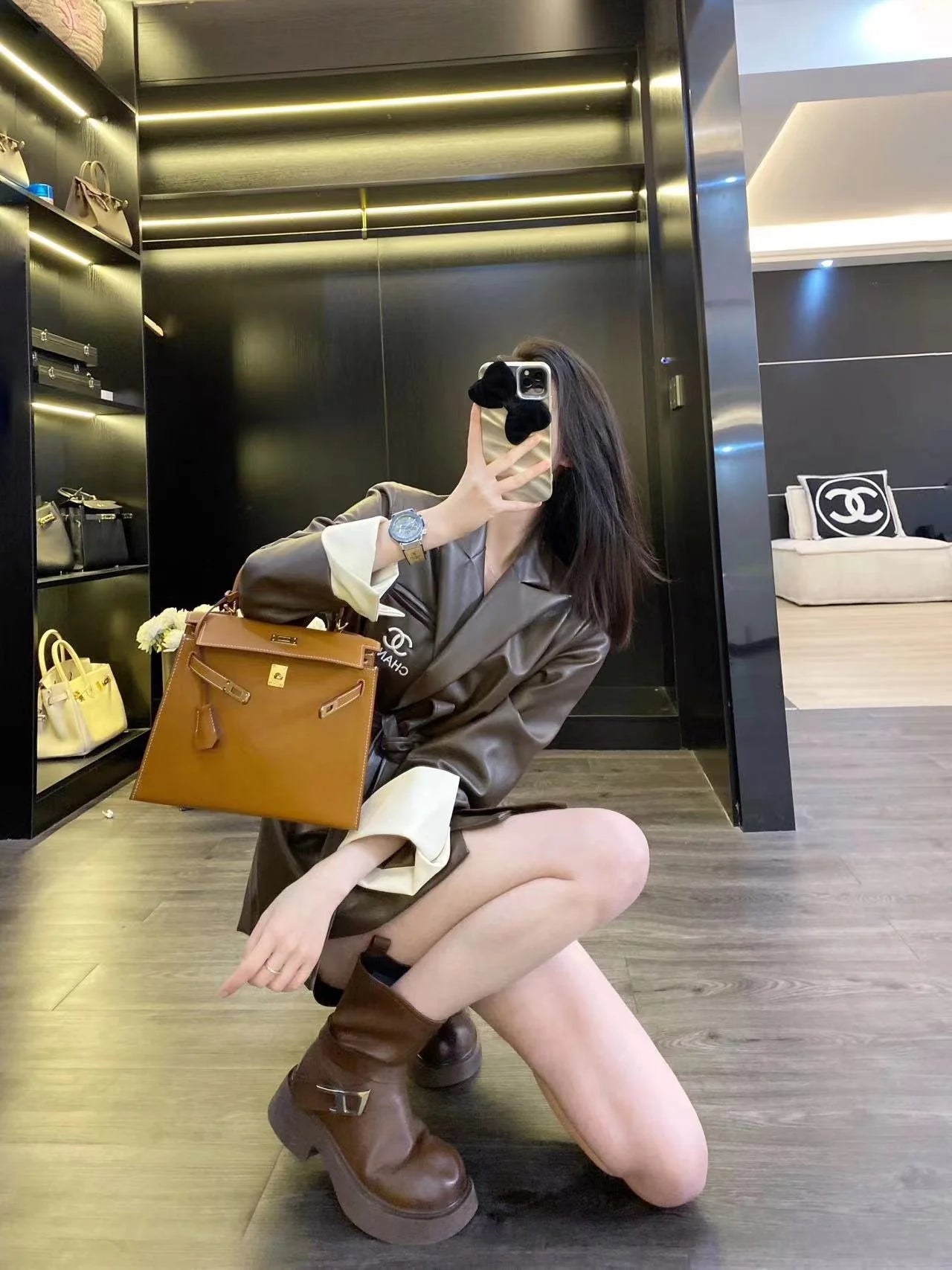 CHA Vintage Maillard Lapel Contrast Sleeve Leather Blazer 0724022201