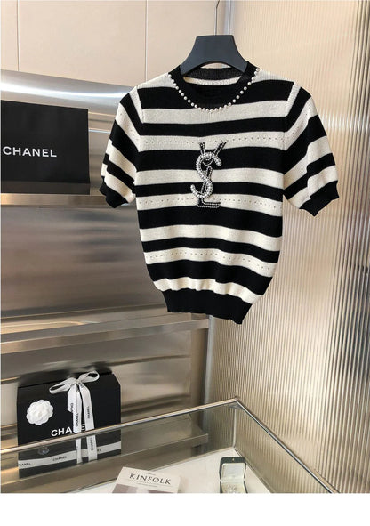 Heavy Beaded Black And White Striped Sweater 1024070322