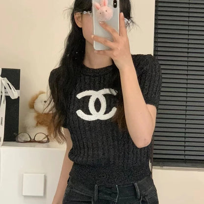 New Embroidered Crewneck Sweater Women's Short-sleeved 1024032511