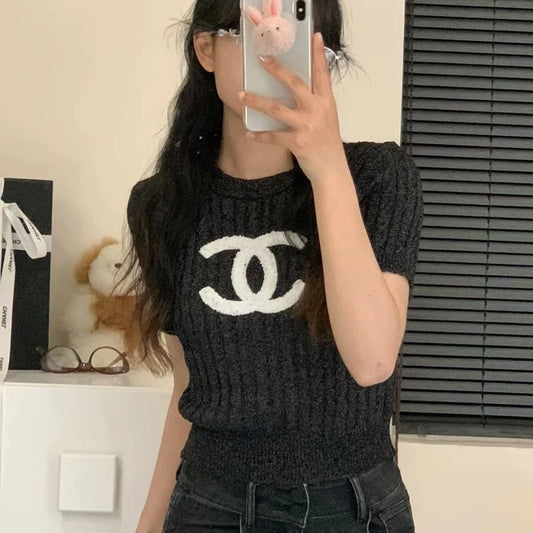 New Embroidered Crewneck Sweater Women's Short-sleeved 1024032511