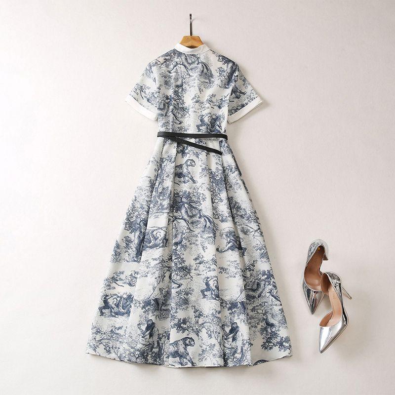 New Standing Collar Printed Large Swing Long Dress 1024030413