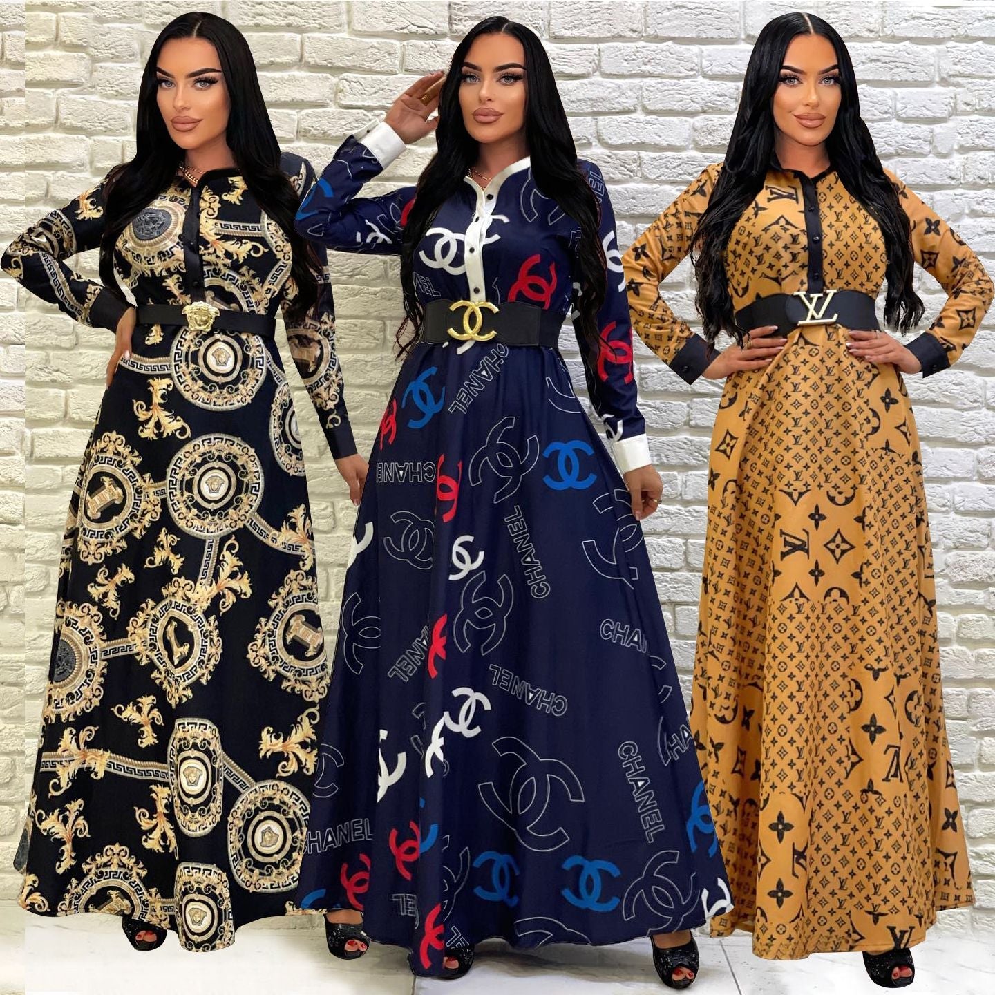 High-quality button-down shirt-style long skirt with stand-up collar and wide hem XC0823110603