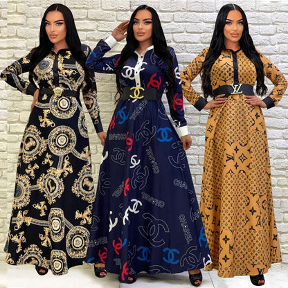 High-quality button-down shirt-style long skirt with stand-up collar and wide hem XC0823110603