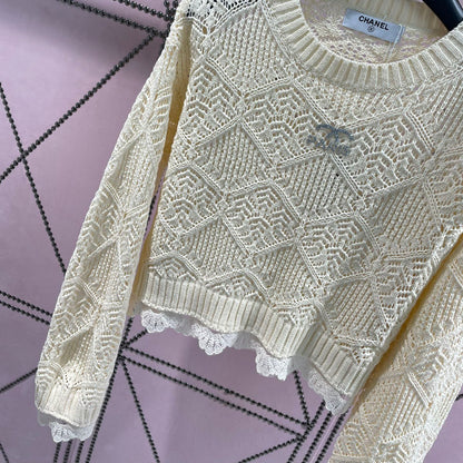 Round Neck Hollow Lace Knit Sweater XC1823090602