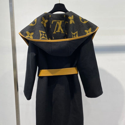 New autumn and winter woolen coat women's belt waist slimming hooded trench coat print coat women