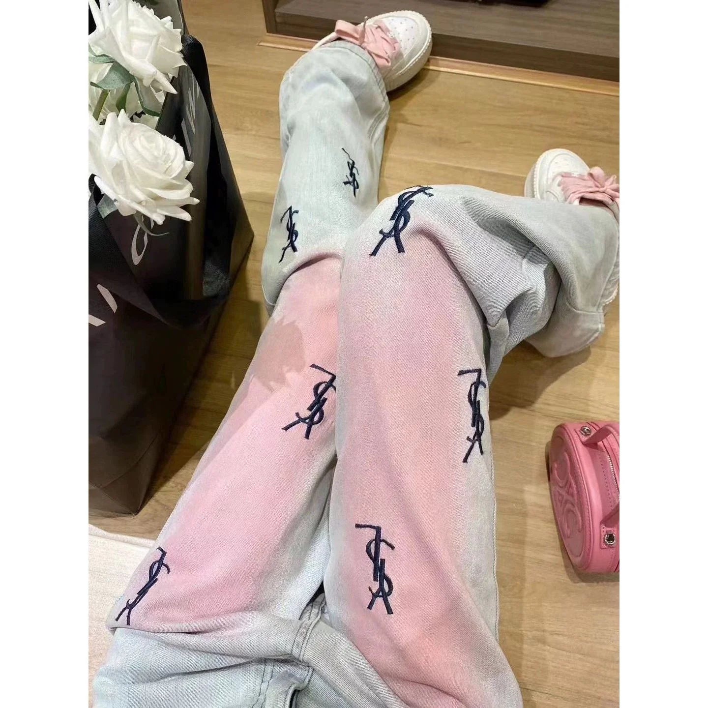 New High Waist Retro Trousers Gradient Pink Straight Jeans 1024031403