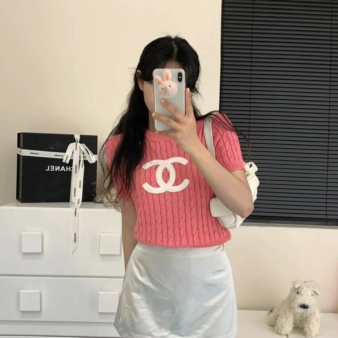 New Embroidered Crewneck Sweater Women's Short-sleeved 1024032511