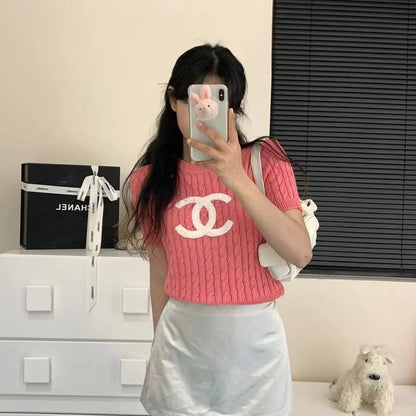 New Embroidered Crewneck Sweater Women's Short-sleeved 1024032511