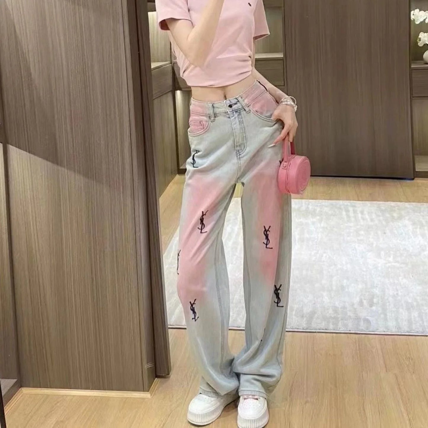 New High Waist Retro Trousers Gradient Pink Straight Jeans 1024031403