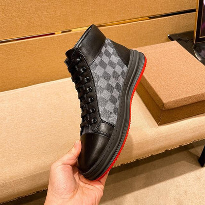 Men's black  Leisure printed leather casual mid-top shoes