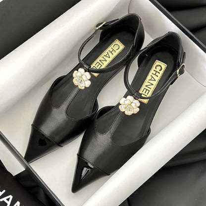 New fashionable leather pointed toe camellia wedge shoes 1024022203