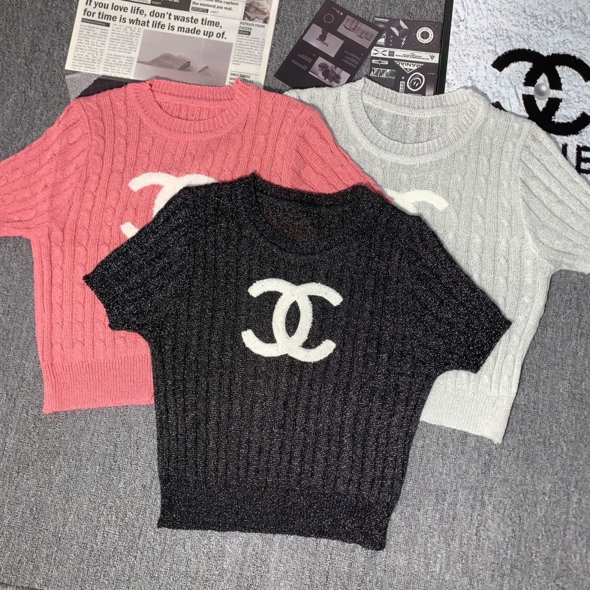 New Embroidered Crewneck Sweater Women's Short-sleeved 1024032511