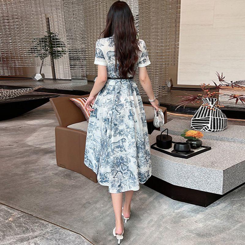 New Standing Collar Printed Large Swing Long Dress 1024030413