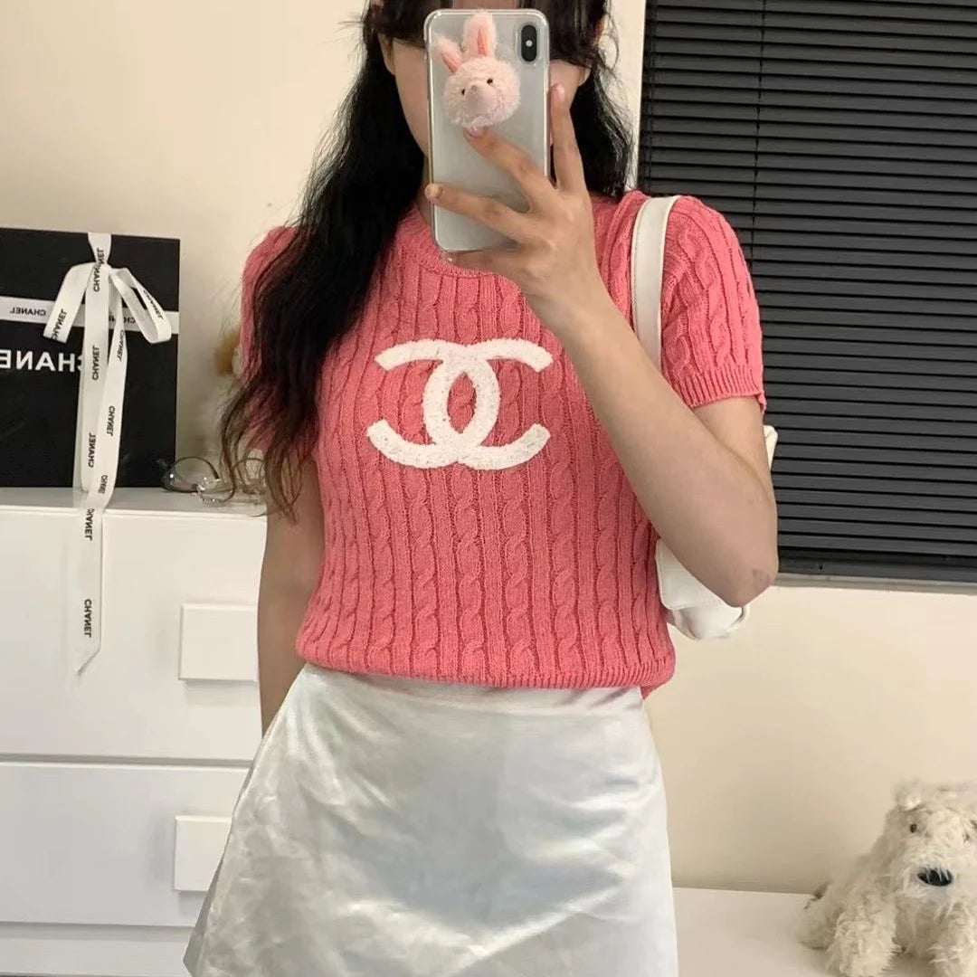 New Embroidered Crewneck Sweater Women's Short-sleeved 1024032511