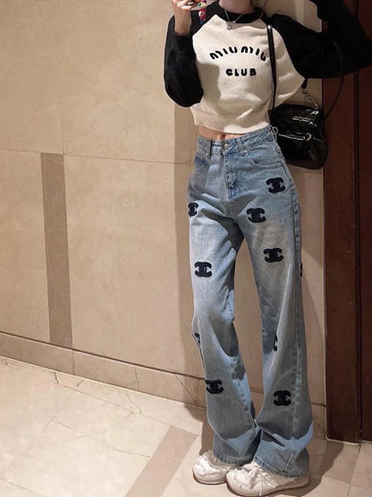 New Style Embroidered High Waist Straight Casual Jeans 1024012508