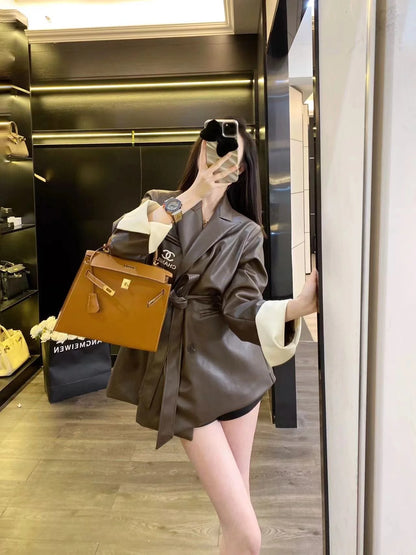 CHA Vintage Maillard Lapel Contrast Sleeve Leather Blazer 0724022201