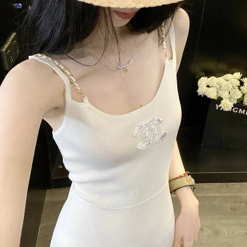 Luxurious sequin knitted chain camisole maxi skirt 1024052705