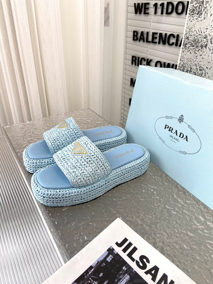 Spring and summer new style woven thick-soled triangle buckle strap slippers 0724032001