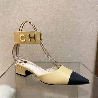 New Color Matching Pointed Shoes Velcro Shallow Thick Heel Women's Shoes 1024032522