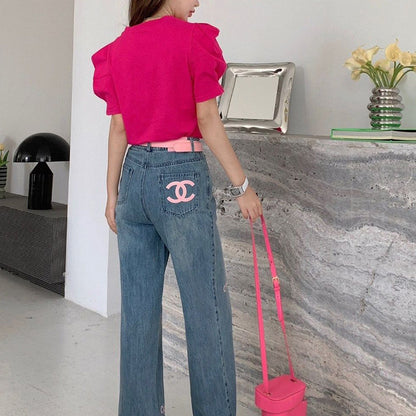 Versatile high waisted straight tube printed jeans PD10052209