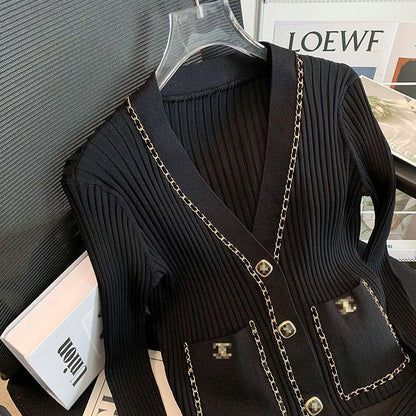 V-neck Metal Chain Slim Long-sleeved Cardigan 0823112813