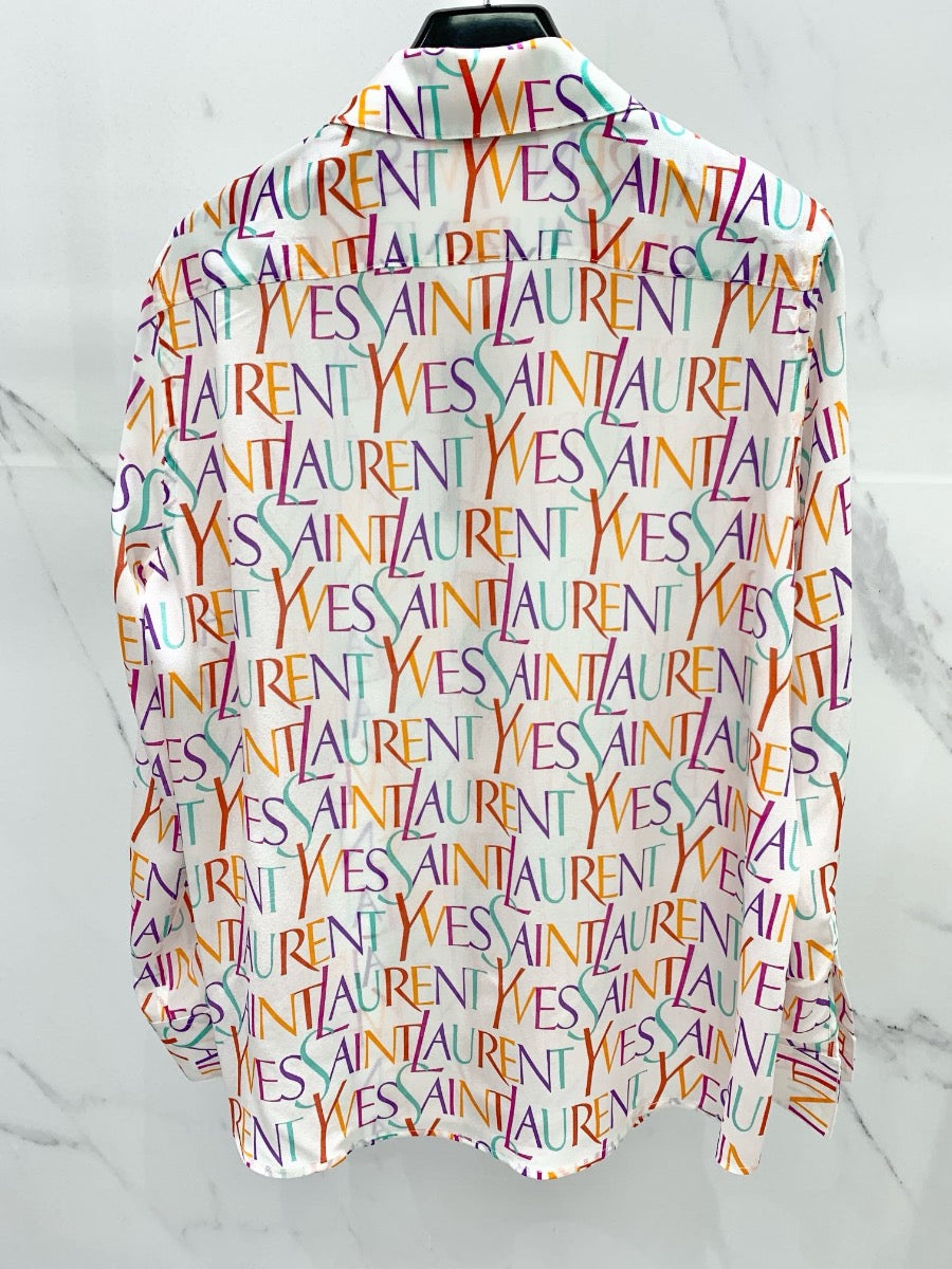 YSL Pop Color Logo Print Silk Shirt White  0725022703
