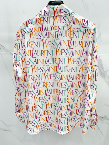 YSL Pop Color Logo Print Silk Shirt White  0725022703