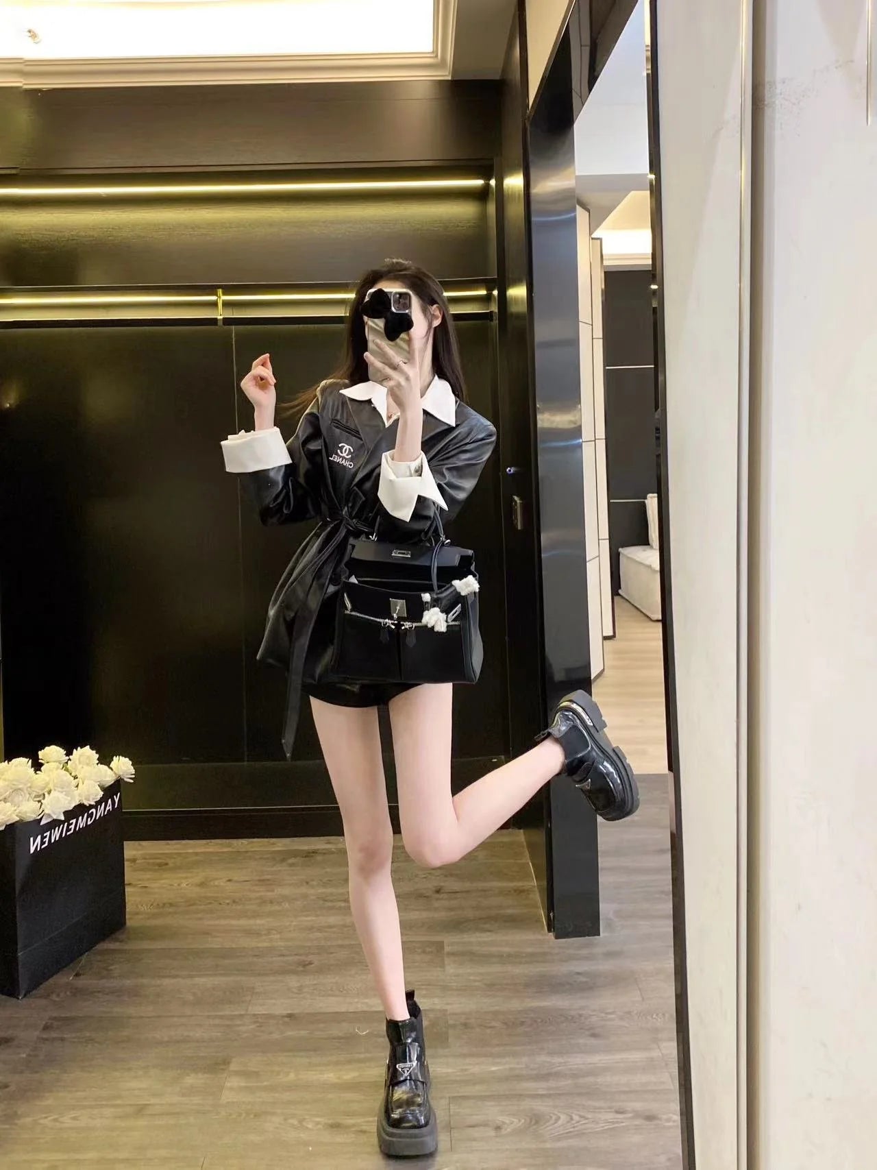 CHA Vintage Maillard Lapel Contrast Sleeve Leather Blazer 0724022201