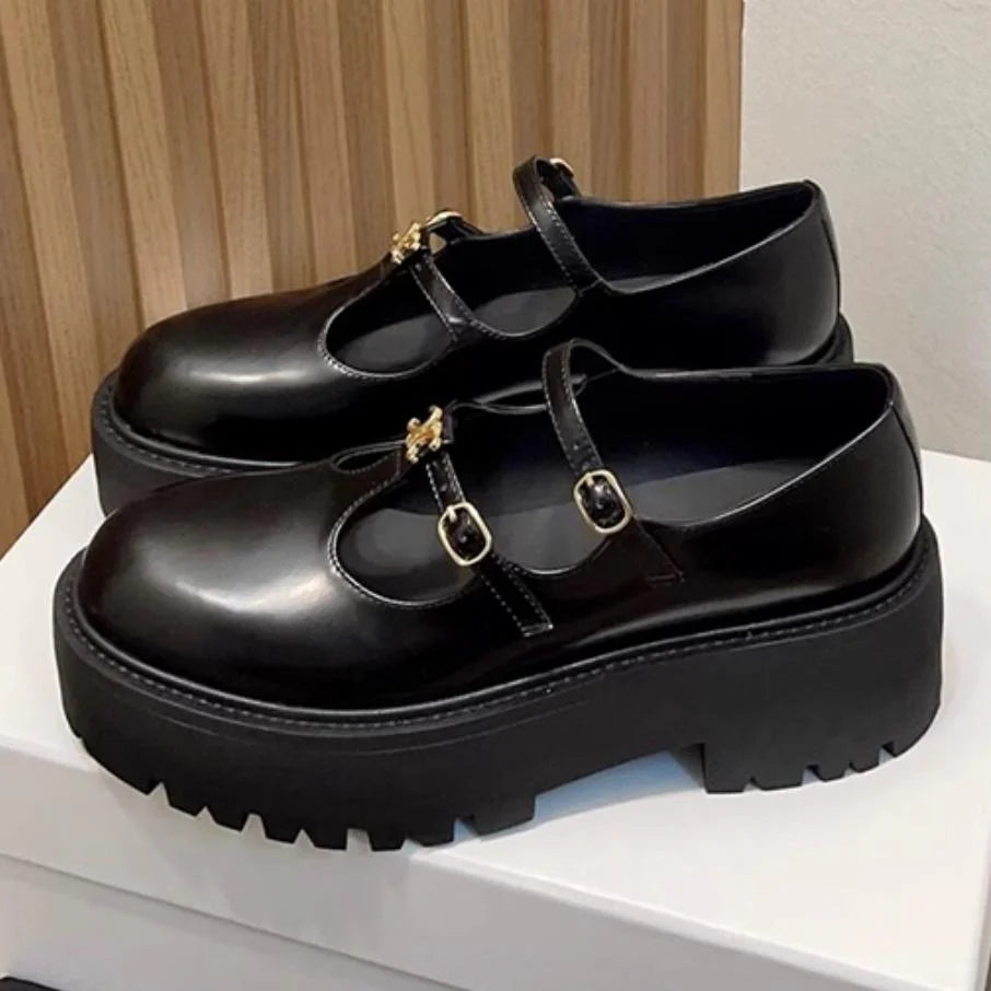 High-Heeled Platform Loafers All-Match Genuine Leather Mary Jane Shoes 1024041509