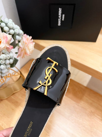 SL Fashionable Patent Leather Gold Letter LOGO Slippers 0724011103