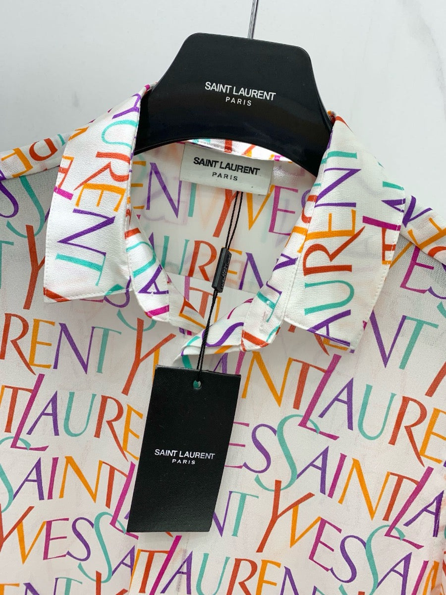 YSL Pop Color Logo Print Silk Shirt White  0725022703